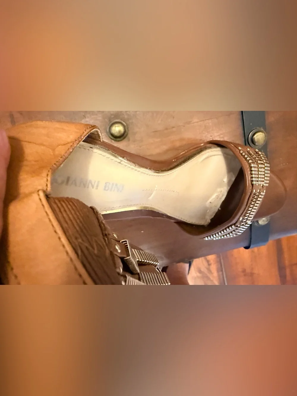 Gianni Bini Brown Wedge Sandals with Metallic Bead Accents